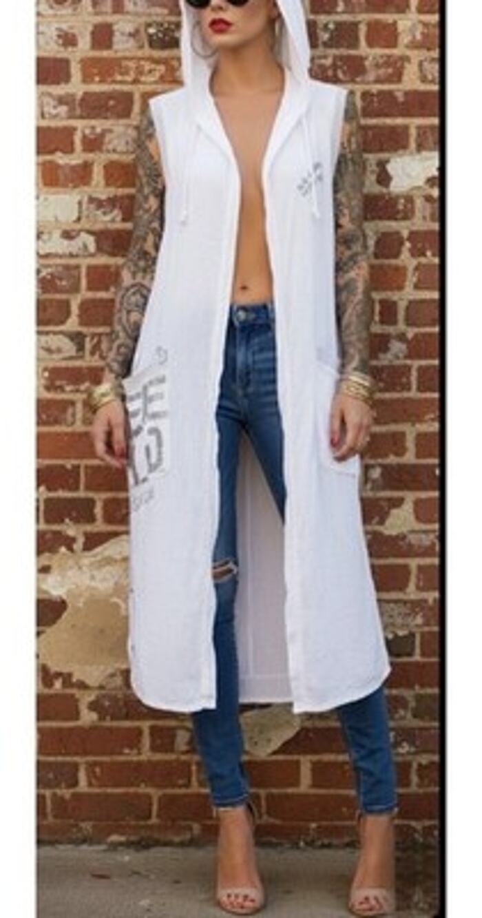 Femme Fatale Italy 100% Linen Hooded Sleeveless Jacket Duster Free Wild White M